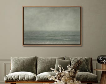 Green Ocean Horizon Framed Wall Art, Minimalist Coastal Abstract Print, Calm Modern Seascape Decor