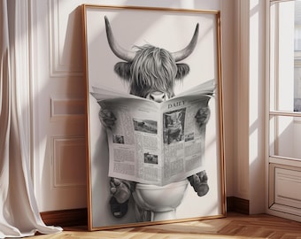 Highland Cow Framed Wall Art, Funny Highland Cow Canvas Print, Cow on Toilet Large Canvas Wall Art, Funny Bathroom Decor