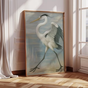 Heron Framed Wall Art, Crane Bird Canvas Wall Art, Vintage Landscape Art Print, Antique Egret Large Wall Art, Coastal Beach Home Decor