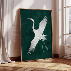Flying Crane Framed Wall Art, Japandi Bird Canvas Wall Art, Vintage Landscape Art Print, Antique Heron Large Wall Art, Japanese Wall Decor