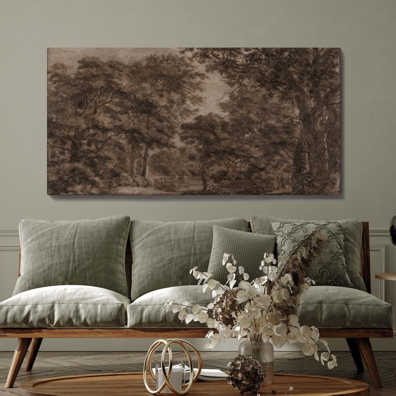 Sepia Forest Landscape Drawing Print, Vintage Woodland Scene Wall Art ...
