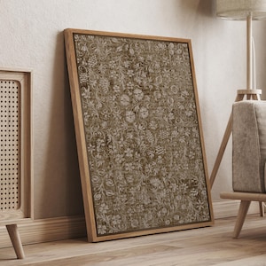 Framed Textile Wall Art Print, Vintage Ornate Floral Pattern Print, Neutral Botanical Tapestry Wall Art, Antique Farmhouse Decor