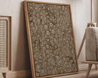 Framed Textile Wall Art Print, Vintage Ornate Floral Pattern Print, Neutral Botanical Tapestry Wall Art, Antique Farmhouse Decor