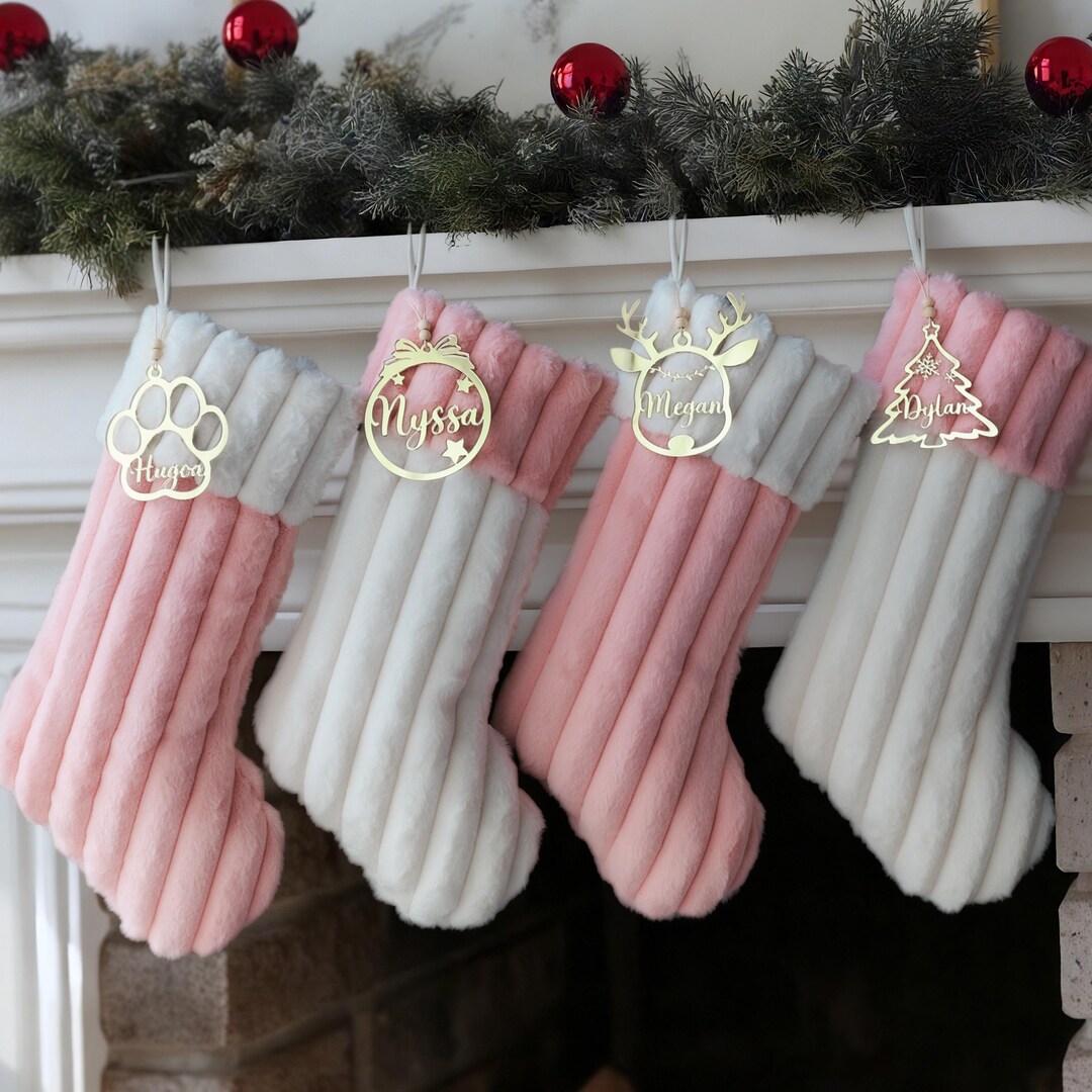 Pink Christmas Stocking With Golden Mirror Acrylic Name Tag Holiday ...