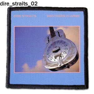 May include: Square patch with a silver resonator guitar set against a blue sky. The patch displays the text "DIRE STRAITS" and "BROTHERS IN ARMS" in blue. It is framed by a black stitched border.