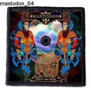 May include: A square patch featuring the band Mastodon's logo and artwork. The design includes two figures in red and gold robes, a central eye-like symbol, and a bear-like creature. The text "CRACK THE SKYE" is at the bottom.