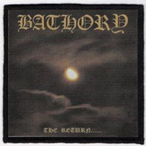 May include: A black and white patch featuring the band name "BATHORY" in a gothic font. The background is a dark image of a cloudy sky with a bright yellow moon.