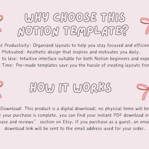 以下が含まれることがあります： ピンクと白のグラフィックに「WHY CHOOSE THIS NOTION TEMPLATE?」と「HOW IT WORKS」のテキストが書かれています。テキストでは、Notionテンプレートを使用することの利点として、生産性の向上、モチベーションの維持、使いやすさ、時間の節約などが説明されています。グラフィックには、デジタルダウンロードの説明も含まれています。