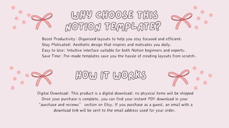 以下が含まれることがあります： ピンクと白のグラフィックに「WHY CHOOSE THIS NOTION TEMPLATE?」と「HOW IT WORKS」のテキストが書かれています。テキストでは、Notionテンプレートを使用することの利点として、生産性の向上、モチベーションの維持、使いやすさ、時間の節約などが説明されています。グラフィックには、デジタルダウンロードの説明も含まれています。