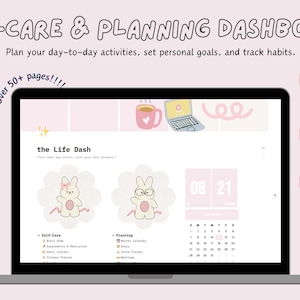 以下が含まれることがあります： 「the Life Dash」というテキストと、日付が「08 21」の予定表が表示された、ピンクと白のデジタルプランナーが、ラップトップの画面に表示されています。画面は、「ブレインダンプ」、「サプリメント」、「薬」、「習慣トラッカー」、「ソーシャルイベント」、「レシピバンク」、「プラントトラッカー」、「マスターカレンダー」、「目標」、「家事トラッカー」、「会議」、「予算プランナー」、「旅行プラン」、「買い物プラン」、「フィットネスプランナー」などのテキストが書かれたピンクと白のボックスで囲まれています。