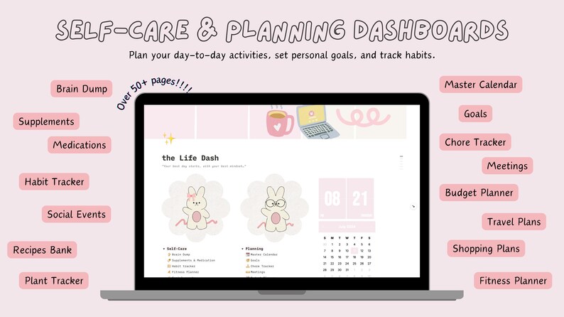 以下が含まれることがあります： 「the Life Dash」というテキストと、日付が「08 21」の予定表が表示された、ピンクと白のデジタルプランナーが、ラップトップの画面に表示されています。画面は、「ブレインダンプ」、「サプリメント」、「薬」、「習慣トラッカー」、「ソーシャルイベント」、「レシピバンク」、「プラントトラッカー」、「マスターカレンダー」、「目標」、「家事トラッカー」、「会議」、「予算プランナー」、「旅行プラン」、「買い物プラン」、「フィットネスプランナー」などのテキストが書かれたピンクと白のボックスで囲まれています。