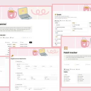 以下が含まれることがあります： ピンクと白のデジタルプランナーで、予算、レシピ、目標、習慣の追跡のためのセクションがあります。プランナーには、コーヒーカップとラップトップのかわいいイラストが描かれています。