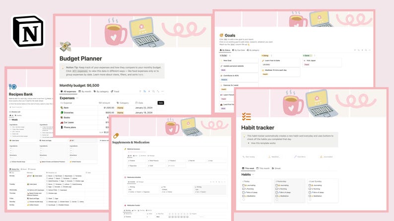 以下が含まれることがあります： ピンクと白のデジタルプランナーで、予算、レシピ、目標、習慣の追跡のためのセクションがあります。プランナーには、コーヒーカップとラップトップのかわいいイラストが描かれています。