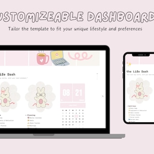 以下が含まれることがあります： Notion 用のカスタマイズ可能なダッシュボードテンプレートで、ピンクと白のカラーテーマと、かわいいウサギのイラストが特徴です。このテンプレートは、ラップトップ、デスクトップ、iPad、スマートフォンでの使用に最適化されています。テンプレートには「the Life Dash」というテキストが表示されます。