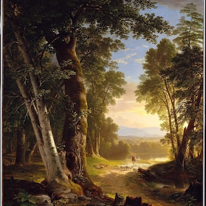 May include: A detailed landscape painting of a forest scene. Tall trees with green foliage frame a path leading to a distant valley. A shepherd and sheep are visible on the path, bathed in sunlight.