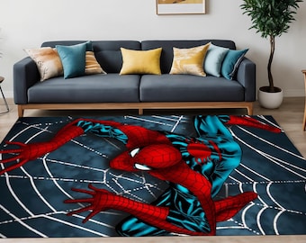 Spiderman-Teppich, Superhelden-Netz-Teppich, Comic-Fußmatte, rot-blaue Helden-Spielmatte, Jungenzimmer-Deko, Geek-Spielzimmer-Teppich, Helden-Fußmatte