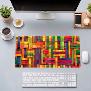 Tappetino per mouse con trama intrecciata colorata, tappetino da scrivania arcobaleno boho, accessorio da scrivania con motivo tessile vivace, tappetino per mouse da gioco a quadri eclettico,