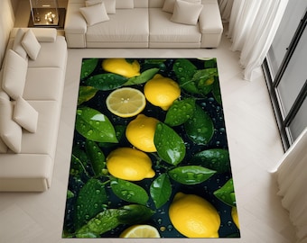 Lemon Pattern Rug: Lemon Kitchen Rug, Fresh Citrus Floor Mat, Botanical Lemon Pattern Rug, Farmhouse Kitchen Decor, Mediterranean Citrus Rug