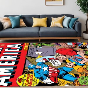 Tappeto con motivo Capitan America, copertina di rivista, tappeto con fumetti, tappeto fantastico, supereroe, personaggio dei cartoni animati, tappeti per soggiorno, tappeto per cameretta dei bambini