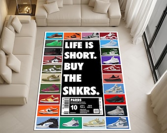 Köp Sneakers-mattan, Hypebeast-rumsinredning, Sneakerhead Grid-golvmatta, Streetwear-vardagsrumsmatta, Sneaker Box Label-matta