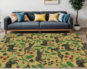 Leopard Botanical Area Rug, Black Wild Cat Carpet, Jungle Animal Floor Mat, Bohemian Living Room Decor, Safari Pattern Statement Rug