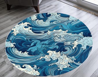 Blue Sea Wave Round Rug: Washable Non-Slip Polyester Rug