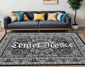 Temet Nosce Rug,Temet Nosce Text,Bohomian Decor,Area Rug,Black Rug,Ethnic Rug,Modern Rug,Geometric Rug,Gift For Home,Popular Rug