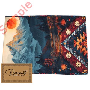 May include: A blue and red doormat featuring a mountain scene and a geometric pattern. The doormat has the text "Doormat And Rugs" in the bottom left corner.