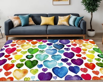 Vloerkleed met regenboogkleurige aquarelhartjes, kleurrijk liefdeskleed, abstracte hartvormige vloermat voor de woonkamer, leuke decoratie voor een tienerkamer, romantische vloermat