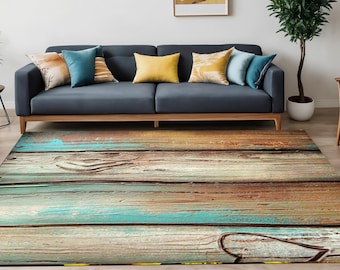 May include: A rustic wooden floor rug with a distressed blue and brown paint finish. The rug has a rectangular shape and is made of a soft, durable material.