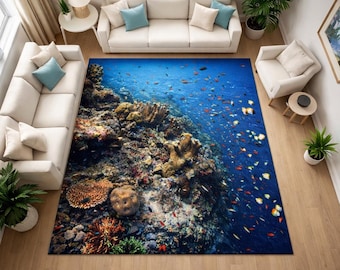 Coral Reef Area Rug, Tropical Fish Rug, Underwater Ocean Carpet, Blue Marine Life Rug, Coastal Living Room Bedroom Beach House Decor