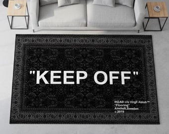 Keep Off Area Rug, Hypebeast Room Decor, Black Vintage Floor Mat, Streetwear Living Room Carpet, Modern Sneakerhead Medallion Rug