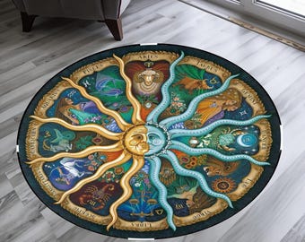 Zodiac Signs Round Rug:Space Pattern Floor Decor,zodiac signs Rug,space Pattern Rug,Round Rug,Moon Rug,Rugs For Living Room,Rugs For Bedroom