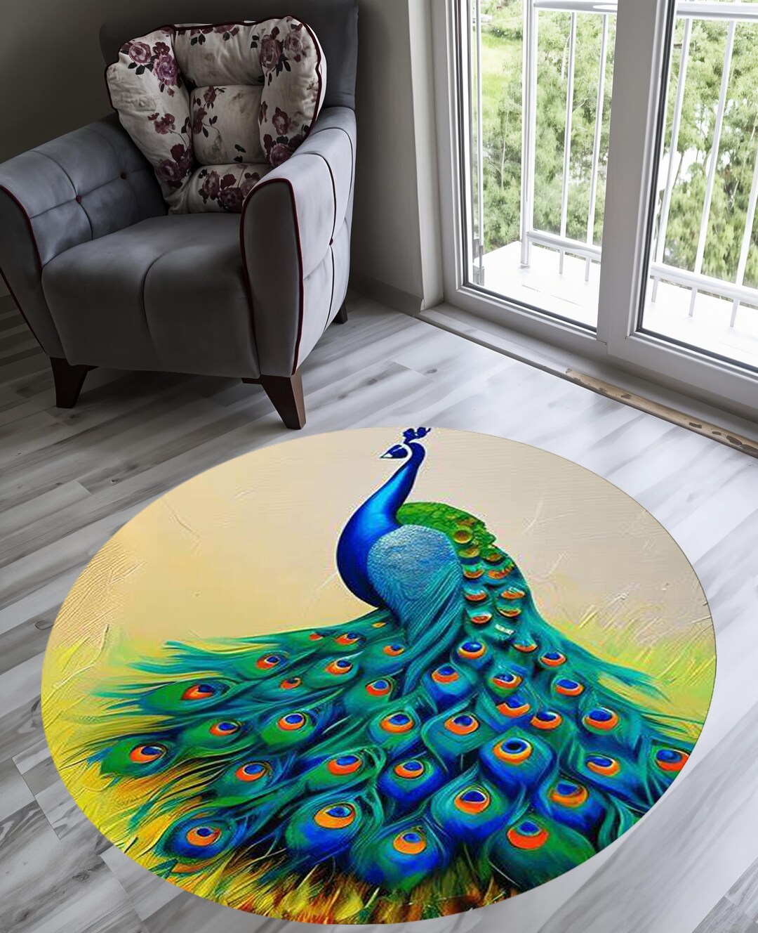 Peacock Rug,animal Rug,green and Blue Rug,,round Rug,durable Rug ...