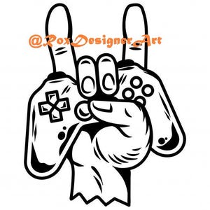 Puede incluir: Gráfico en blanco y negro de una mano haciendo el gesto de rock on, con dos mandos de juego formando los dedos. El texto "@Rox Designer Art" está en naranja encima de la mano.