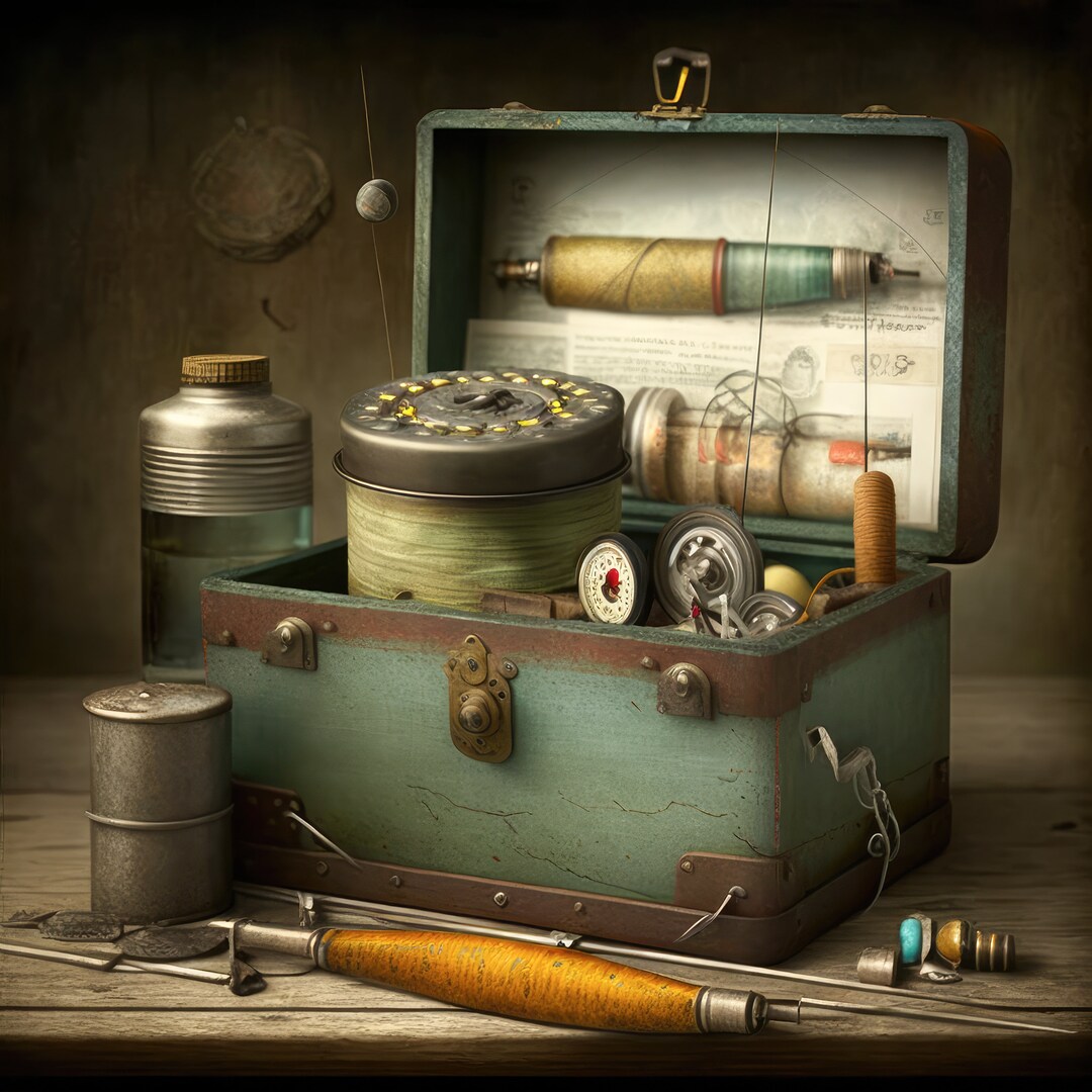 Vintage Wicker Fishing Tackle Bait Box on Workbench Steampunk Digital