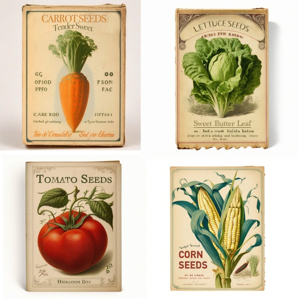 Vintage Seed Packets Carrot, Tomato, Lettuce, Corn Four digital download illustrations good for stickers, cards, etc