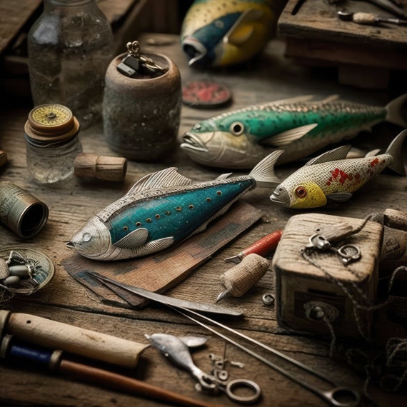 Vintage Wicker Fishing Lures on Workbench Steampunk - digital download  illustration good for stickers, cards, etc