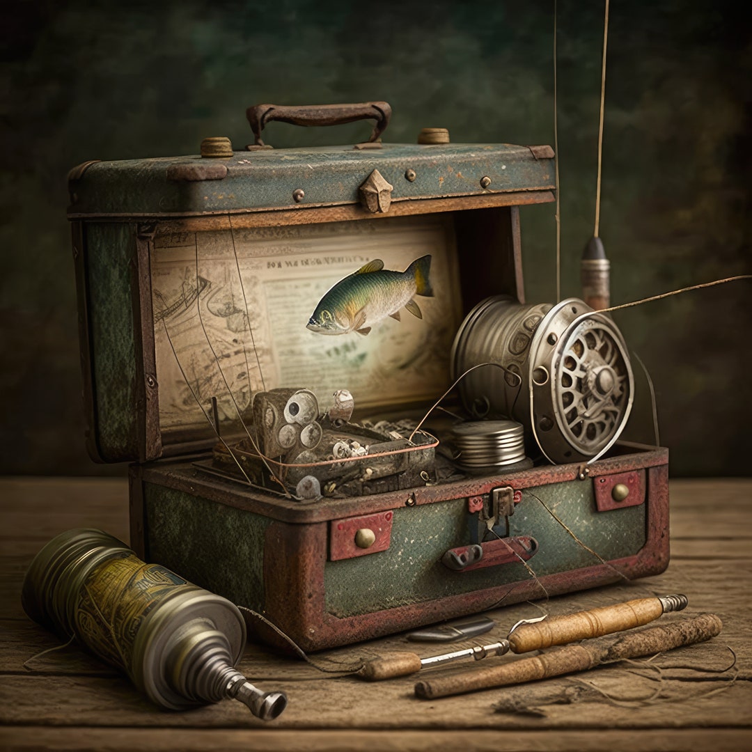 Vintage Wicker Fishing Tackle Bait Box on Workbench Steampunk Digital