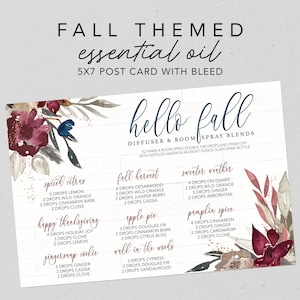 Può includere: Un biglietto da visita stampabile di 5x7 pollici con un design floreale ad acquerello in tonalità di bordeaux, grigio e blu. Il biglietto da visita presenta un elenco di miscele di oli essenziali per diffusore e spray per ambienti con nomi a tema autunnale come "Agrumi speziati", "Raccolto autunnale", "Tempo fresco", "Buon Ringraziamento", "Torta di mele", "Biscotti allo zenzero", "Vell nel bosco" e "Pralina speziata".