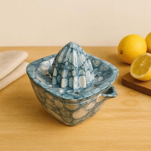 Può includere: Spremiagrumi in ceramica blu e bianca con motivo strutturato. Lo spremiagrumi ha un alesatore conico e una ciotola quadrata con beccuccio. Due limoni e un limone tagliato a metà su una superficie di legno.