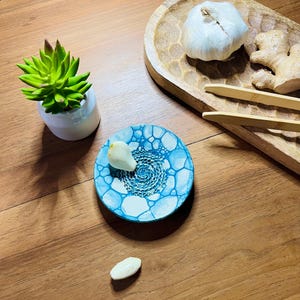 Peut inclure: Un presse-ail en céramique bleu et blanc avec une gousse d'ail, à côté d'un plateau en bois avec un bulbe d'ail et du gingembre. Une petite plante succulente dans un pot blanc est également présente.