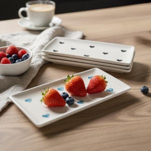 Può includere: Vassoi rettangolari bianchi con disegni a forma di cuore neri e accenti a cuore blu. I vassoi sono decorati con fragole e mirtilli freschi. Sono presenti anche una tazza di caffè e una ciotola di bacche.