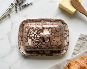 Handmade ceramic butter dish with bubble design, rectangular shape, elegant and practical artisan kitchen accessory