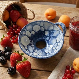 Keramische trechter versierd met bubbels, praktisch en stevig accessoire voor jam en conserven, handgemaakt