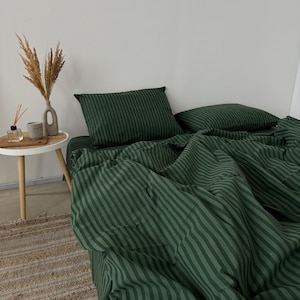 Juego de ropa de cama de rayas verdes, funda nórdica y fundas de almohada, juego de funda nórdica de rayas con sábana plana/ajustable, funda de edredón de 4 piezas