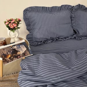 Stripe Blue Bedding Set with Ruffles – 4 Pieces (2 Pillowcases, Duvet Cover, Flat or Fitted Sheet). 100 Cotton. Custom Size