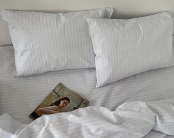 White Striped Bedding Set 4 pc Duvet Cover, Pillowcases,  Flat/Fitted Sheet