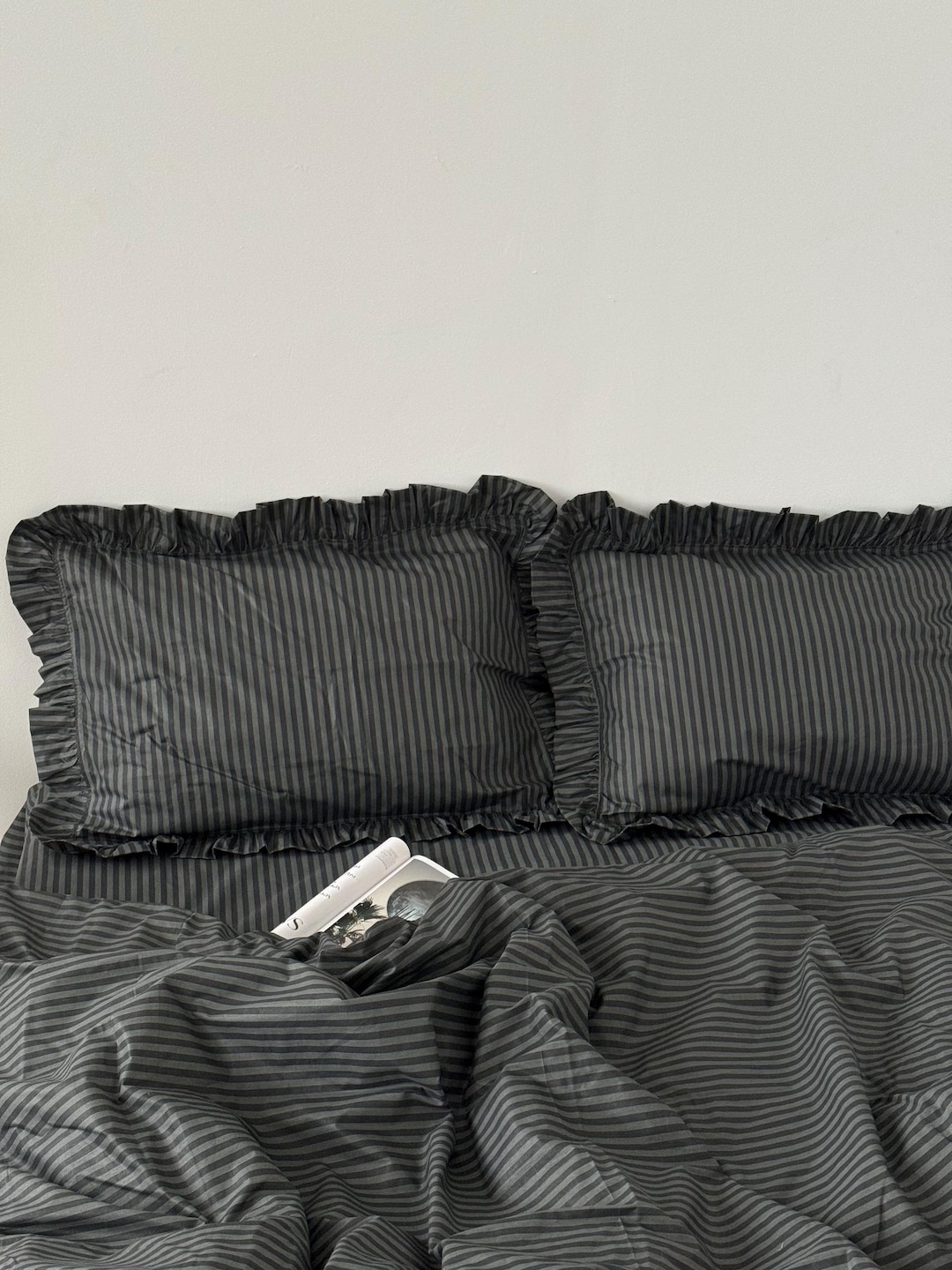 Striped Ruffle Sheets Striped Black Ruffled Bedding Set: 100 Cotton Duvet Cover Pillowcase ...