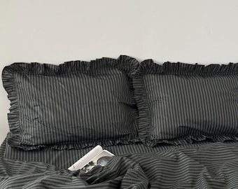Striped Black Ruffled Bedding Set: 100 Cotton Duvet Cover Pillowcase and Flat or Fitted Sheet